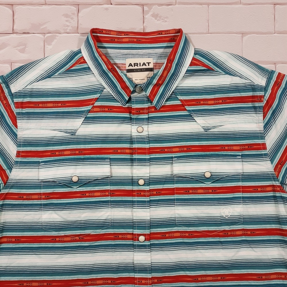 ARIAT Retro Fit Shirt Mens Large Pearl Snap Striped Western Southwestern Aztec